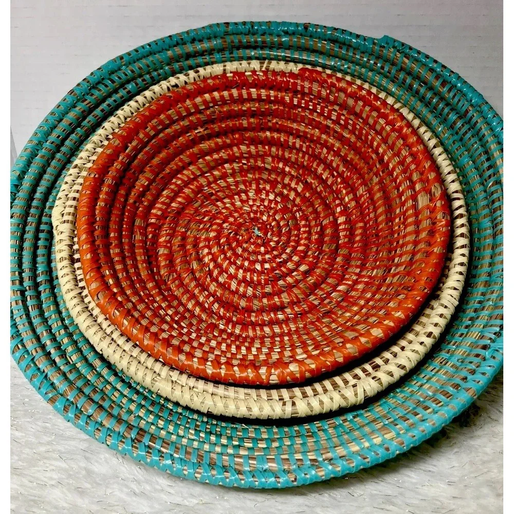 NEW FairTrade Set of 3 African Handwoven Rattan Baskets Turquoise Orange Cream‎